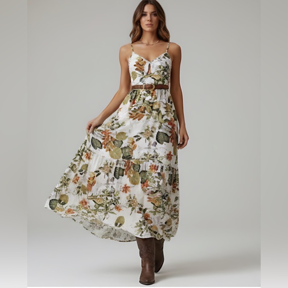 By Design Dresses & Skirts - Boho Plant Printed Ruffle Hem Spaghetti Strap Dress Maxi